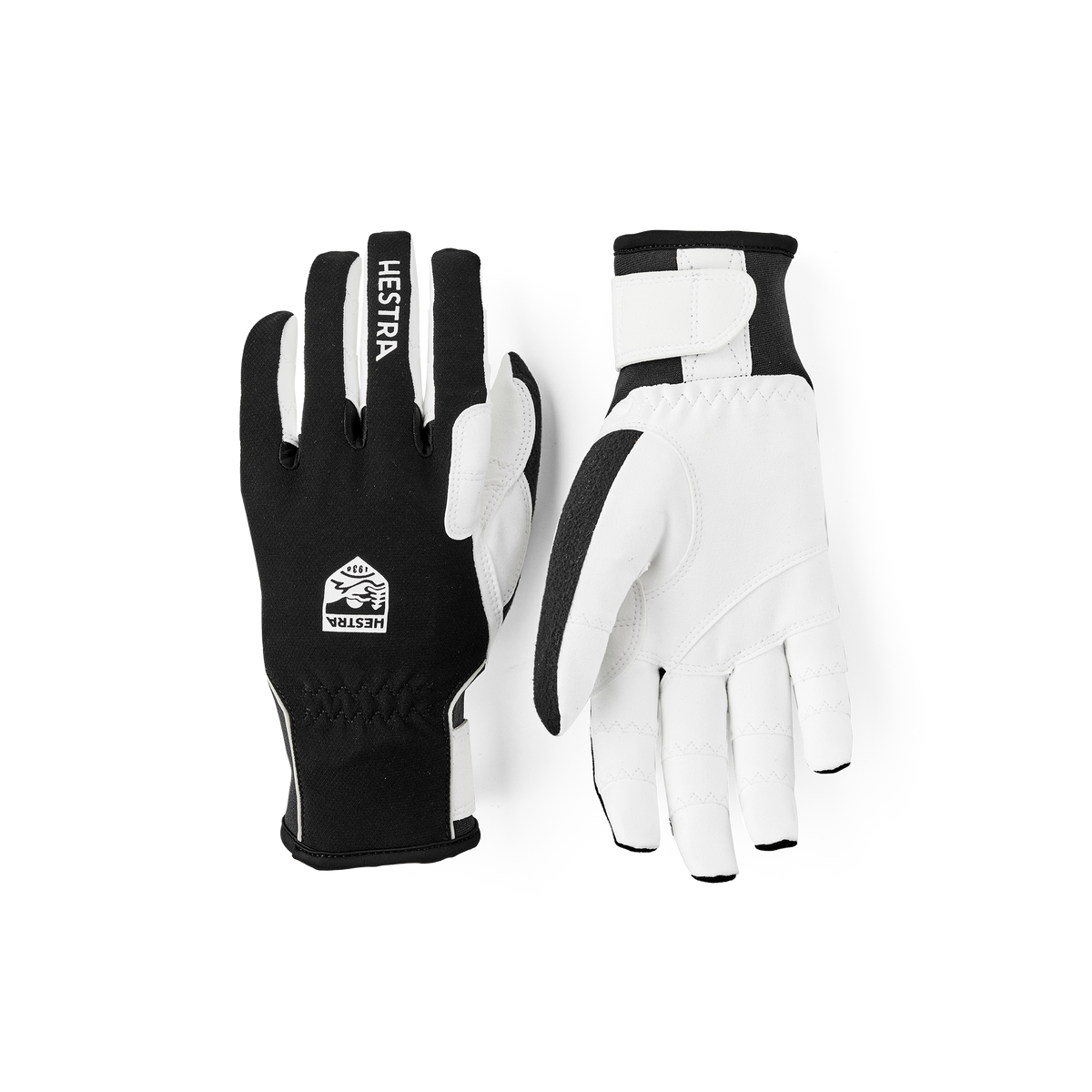 Black fabric cross-country ski glove with white synthetic suede palm