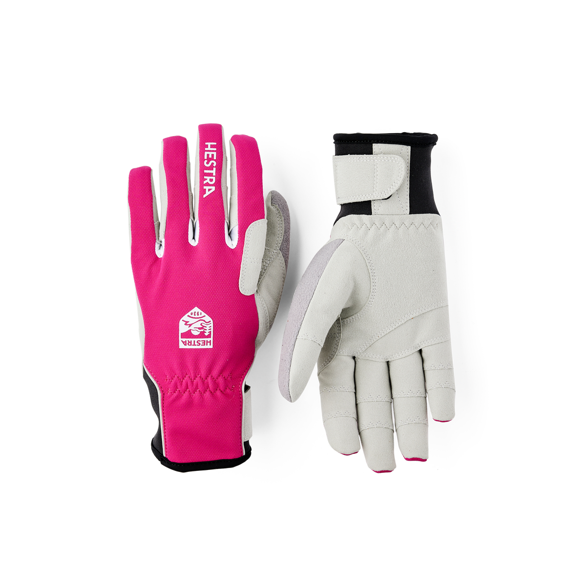 Pink fabric cross-country ski glove with gray synthetic suede palm