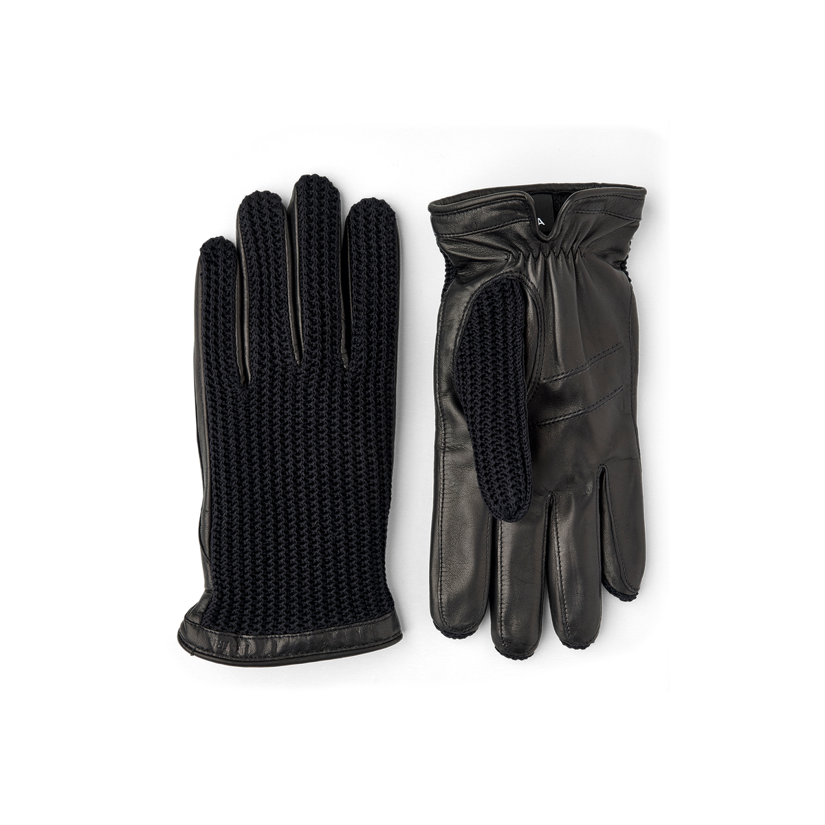 Black machine-sewn leather glove with crocheted cotton back