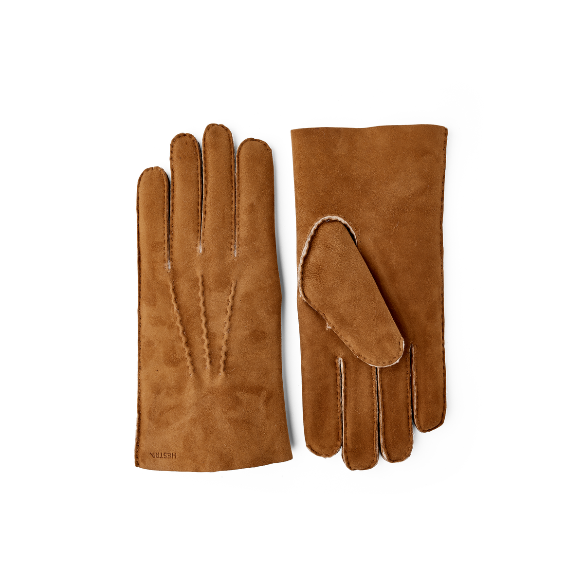 Light brownish-yellow hand-sewn fur suede glove