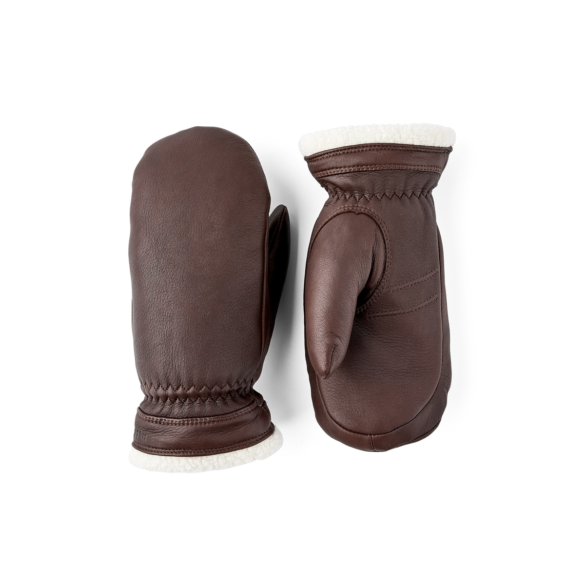 Brown deerskin mitten with white trim