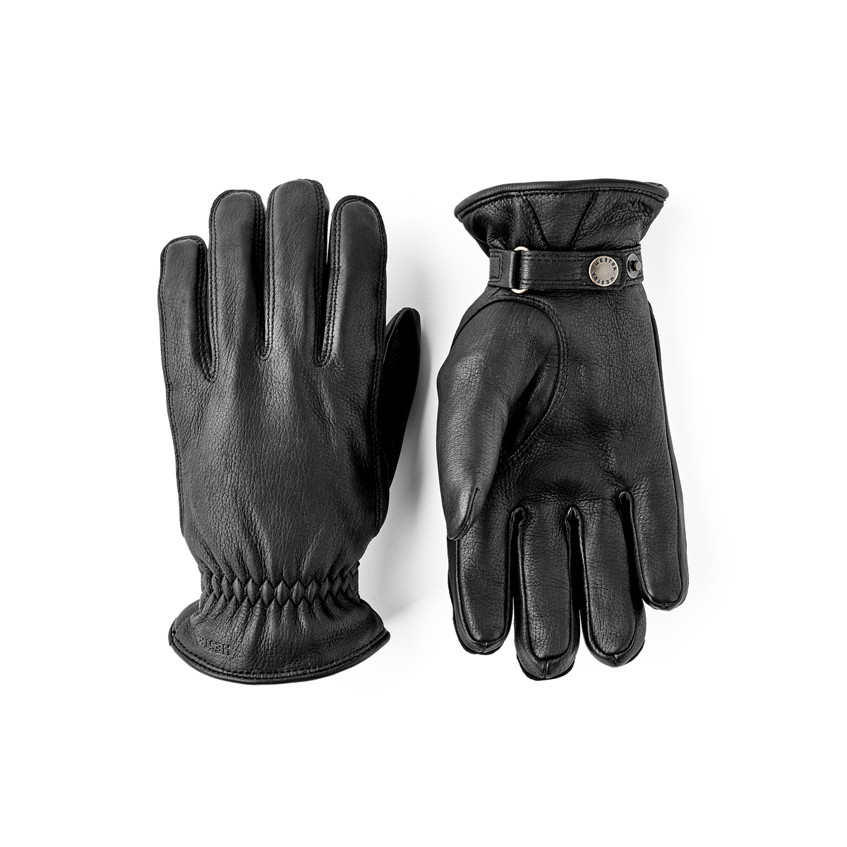 Black machine-sewn hairsheep leather glove with leather strap and button
