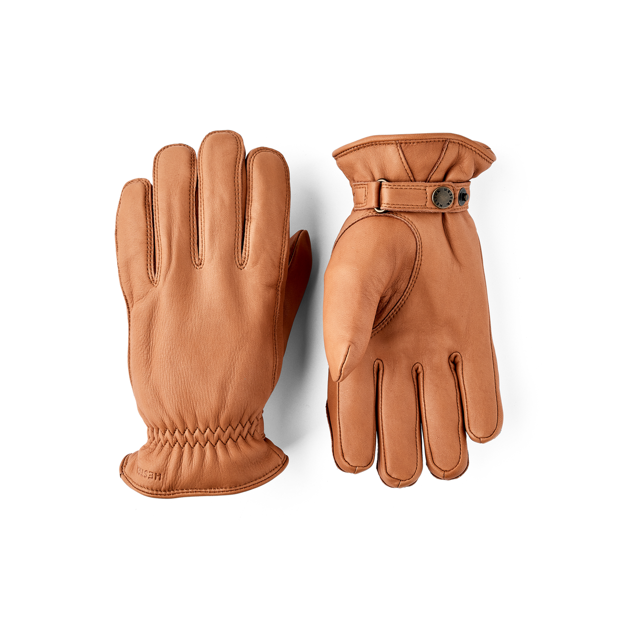 Light brown machine-sewn hairsheep leather glove with leather strap and button