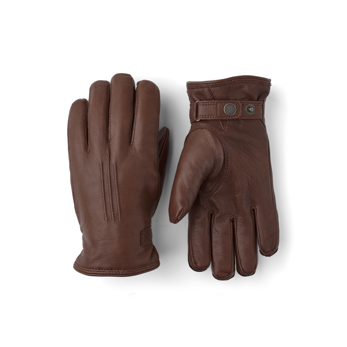 Brown machine-sewn deerskin glove with leather strap and button