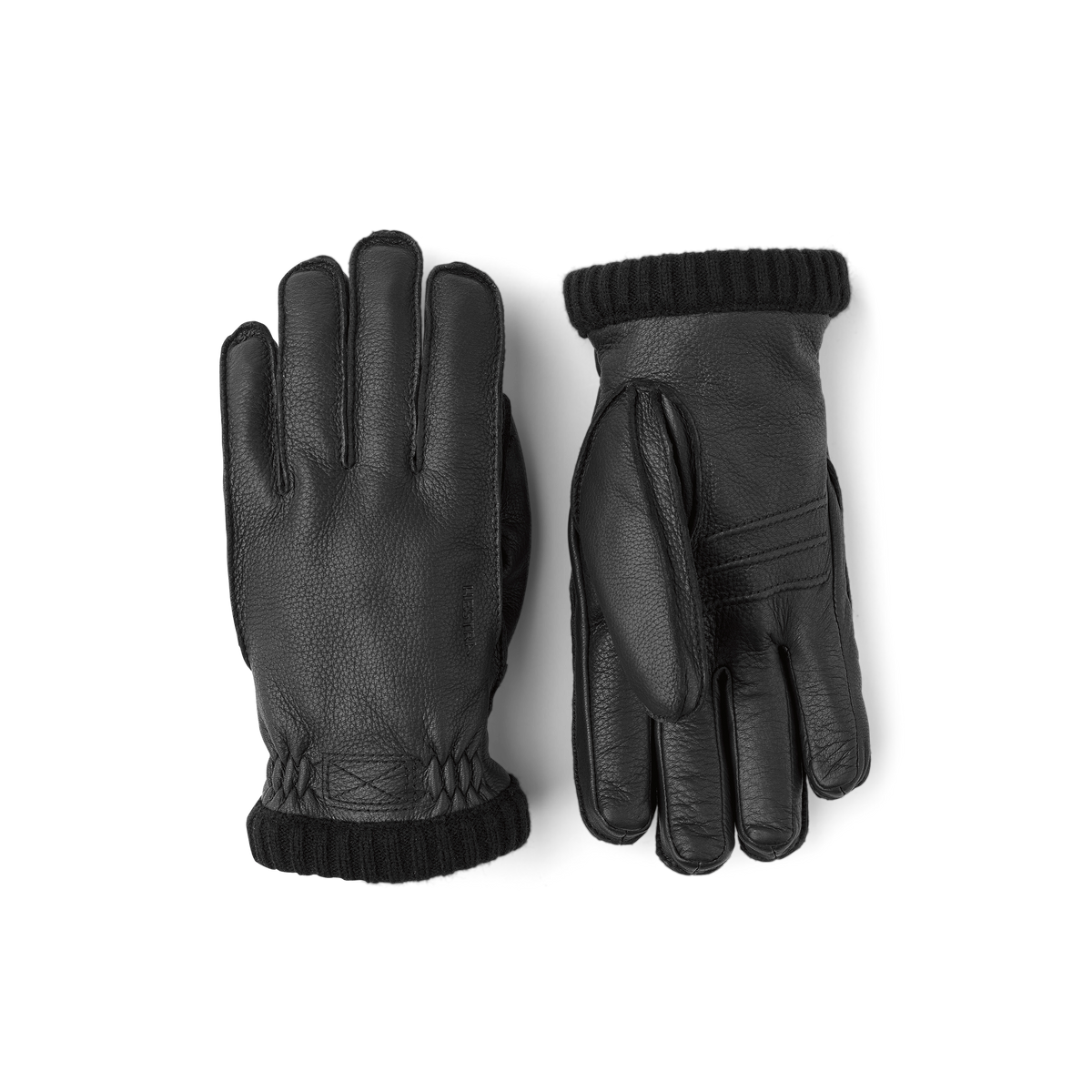 Black machine-sewn deerskin glove with knitted cuff