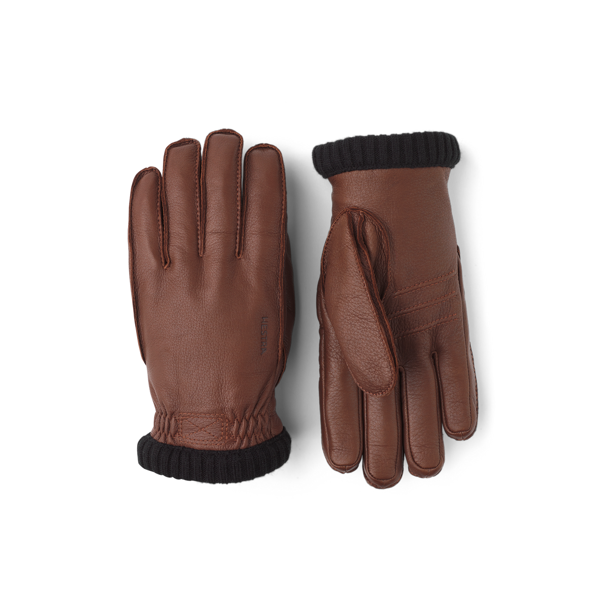 Brown machine-sewn deerskin glove with knitted cuff