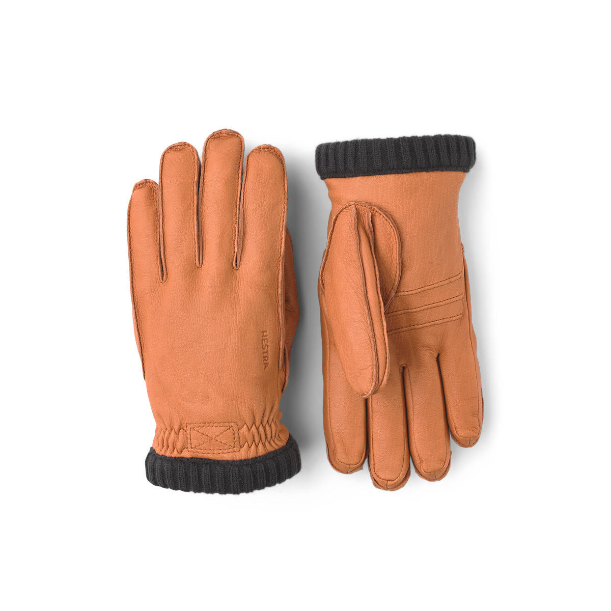 Light brown machine-sewn deerskin glove with knitted cuff