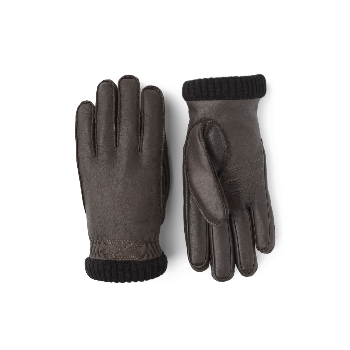 Dark brown machine-sewn deerskin glove with knitted cuff