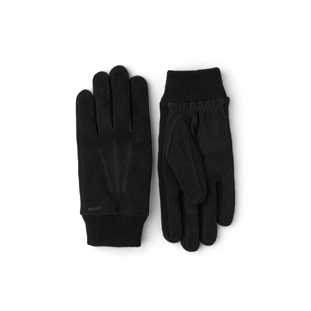 Black machine-sewn suede glove with knitted cuff and sides