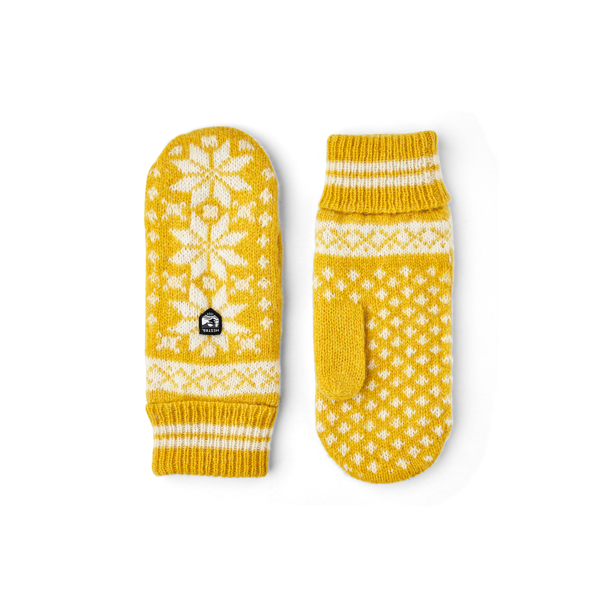 Yellow knitted mitten in wool blend with pattern