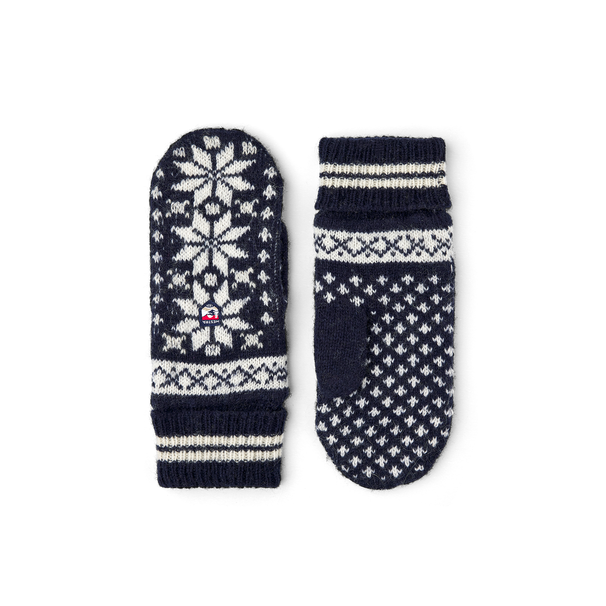 Dark blue knitted mitten in wool blend with pattern