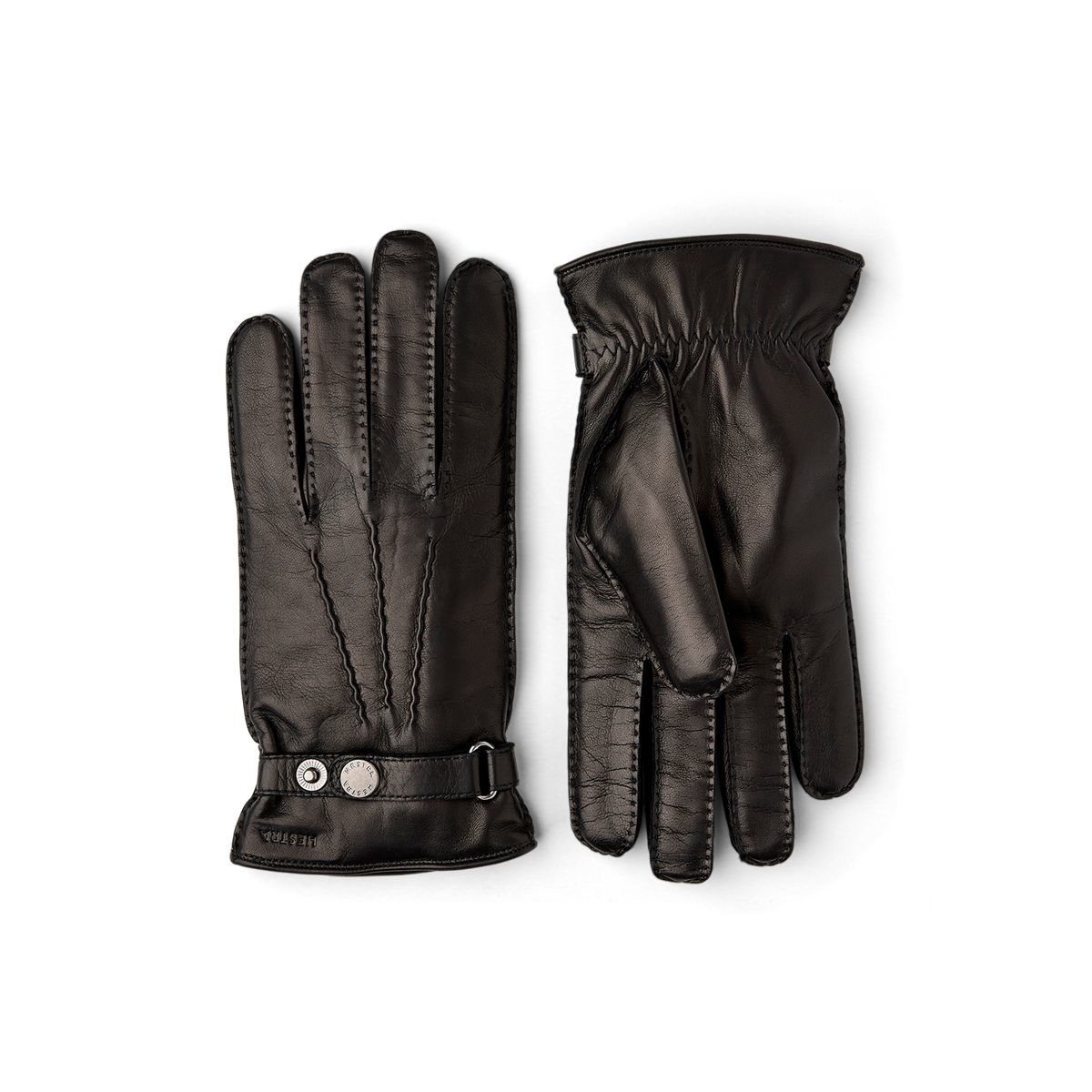 Black hand-sewn hairsheep leather glove with leather strap and button