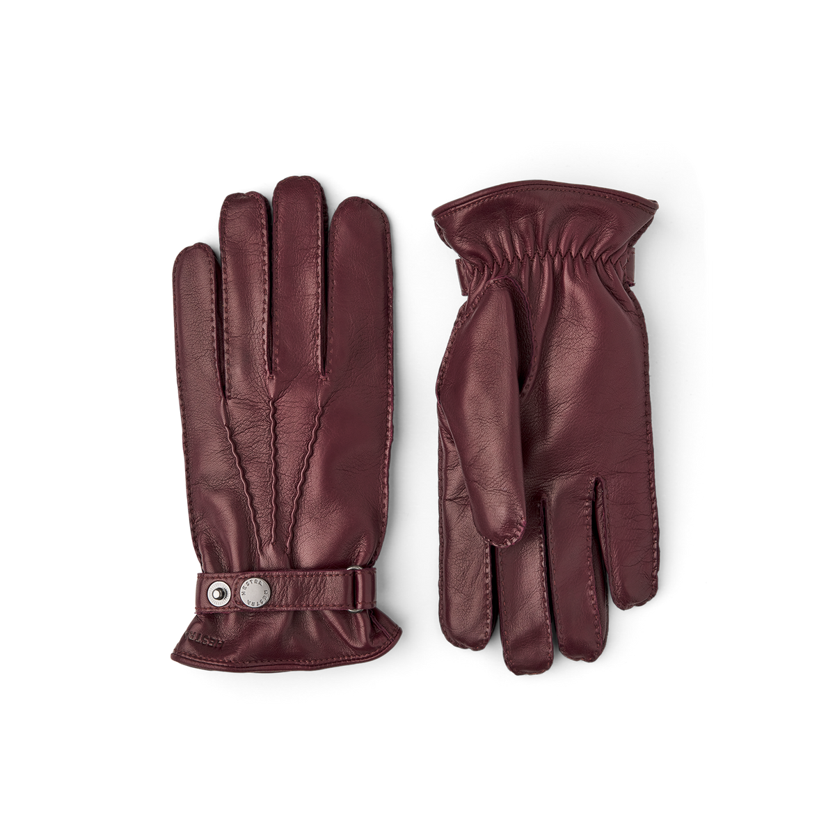 Wine red hand-sewn hairsheep leather glove with leather strap and button