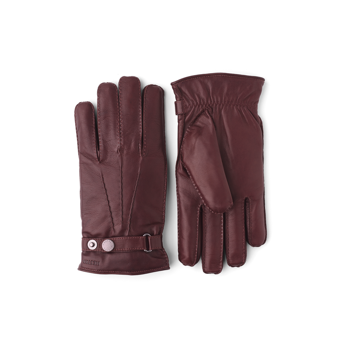 Brown hand-sewn hairsheep leather glove with leather strap and button