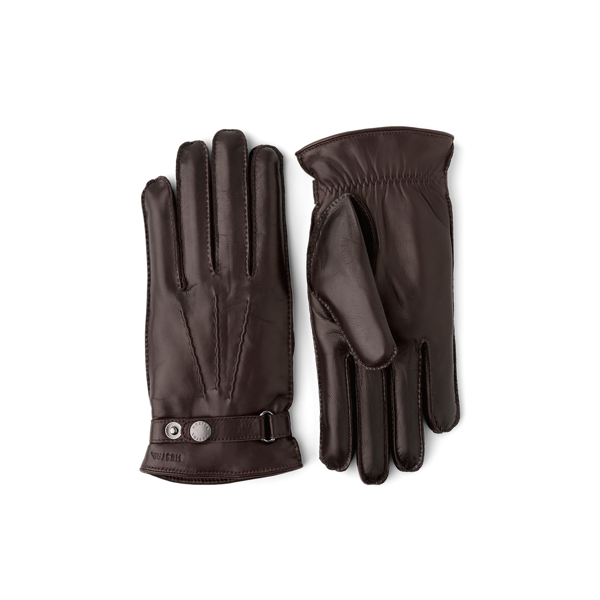 Dark brown hand-sewn hairsheep leather glove with leather strap and button