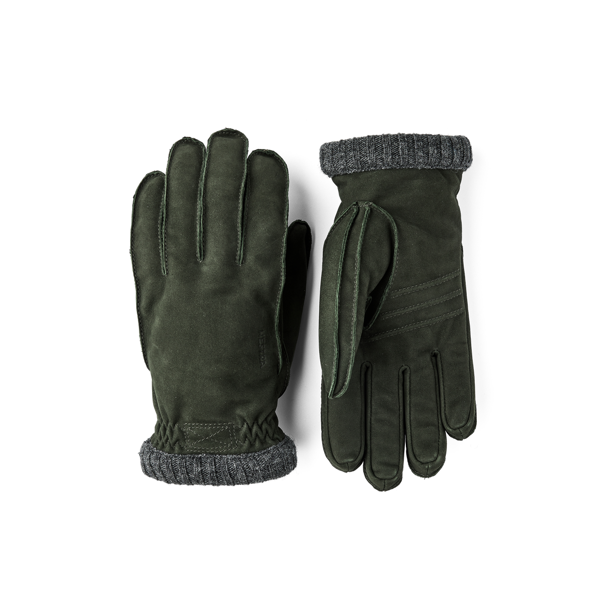 Dark green machine-sewn goat suede glove with gray knitted cuff
