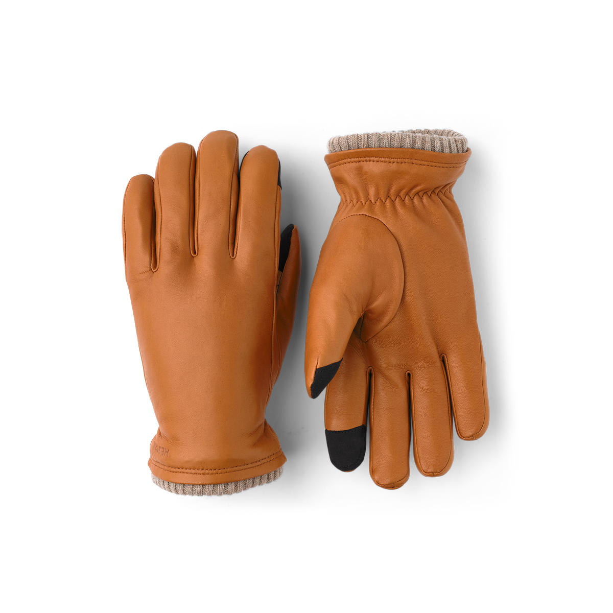 Light brownish-yellow machine-sewn hairsheep leather glove with knitted cuff