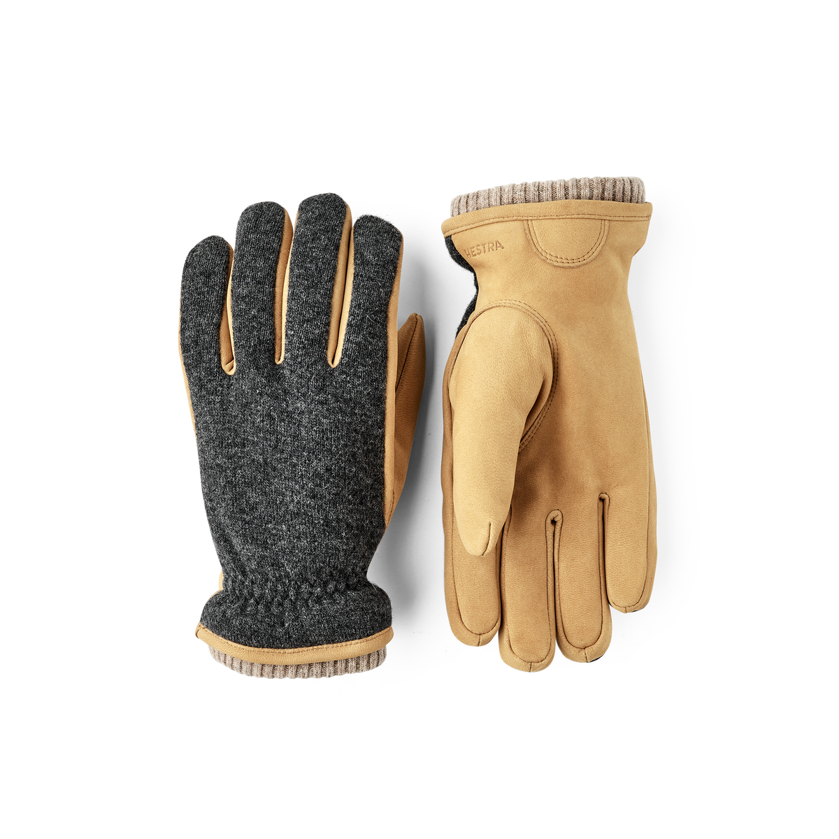 Yellowish-beige machine-sewn goat nubuck glove with dark gray wool jersey back