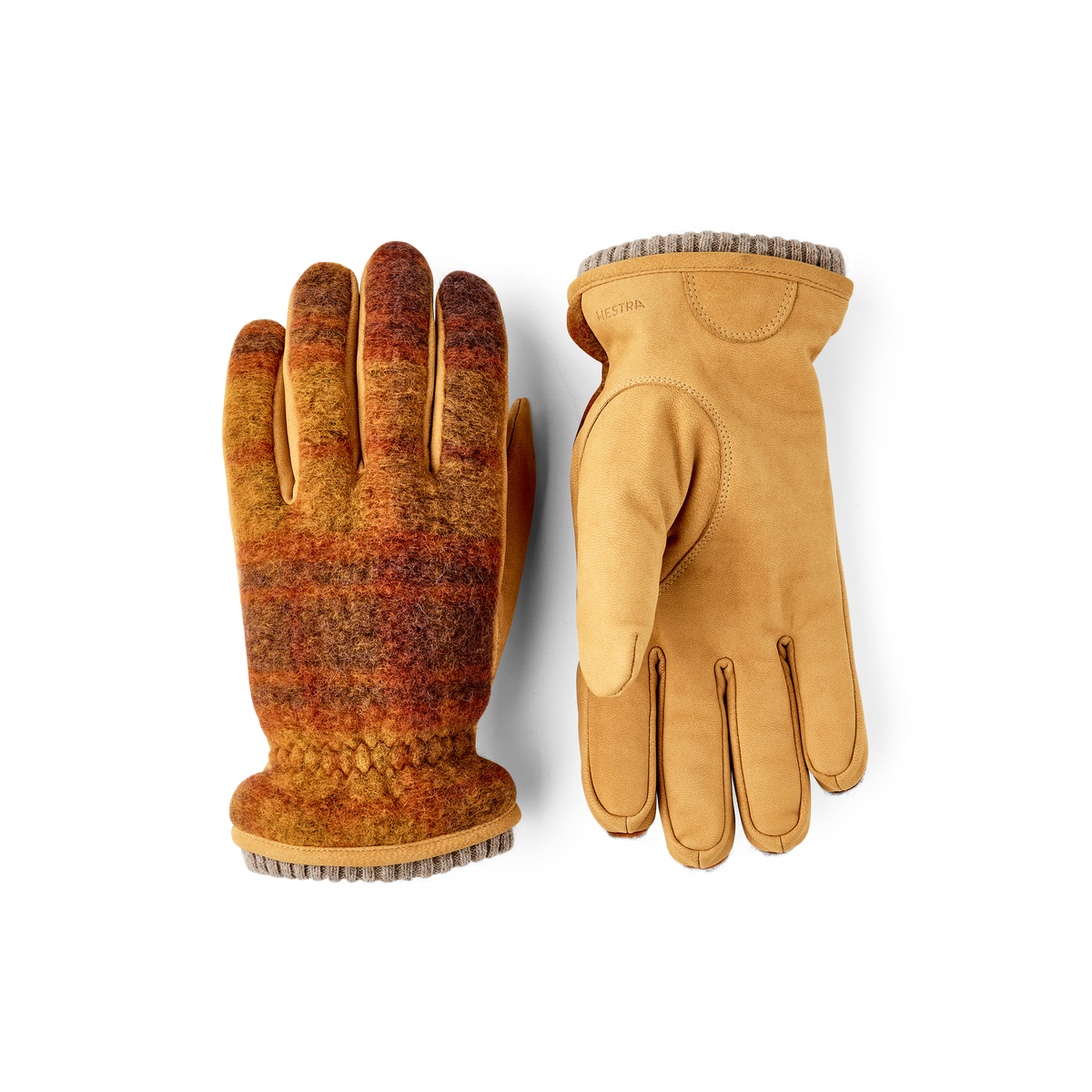 Yellow machine-sewn goat nubuck glove with multicolored wool jersey back
