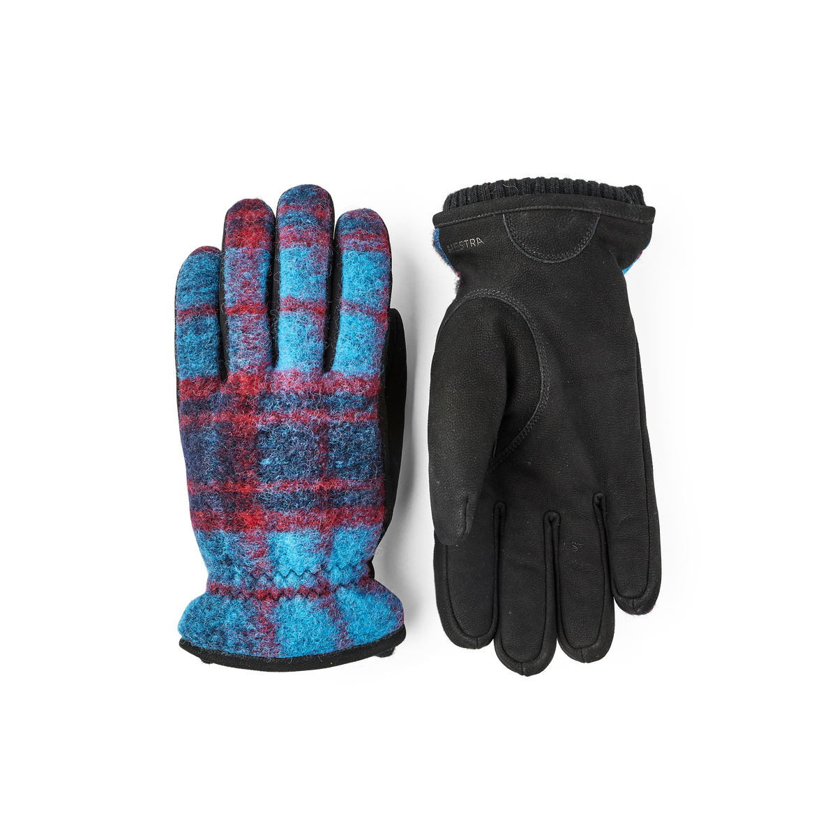 Dark blue machine-sewn goat nubuck glove with multicolored wool jersey back