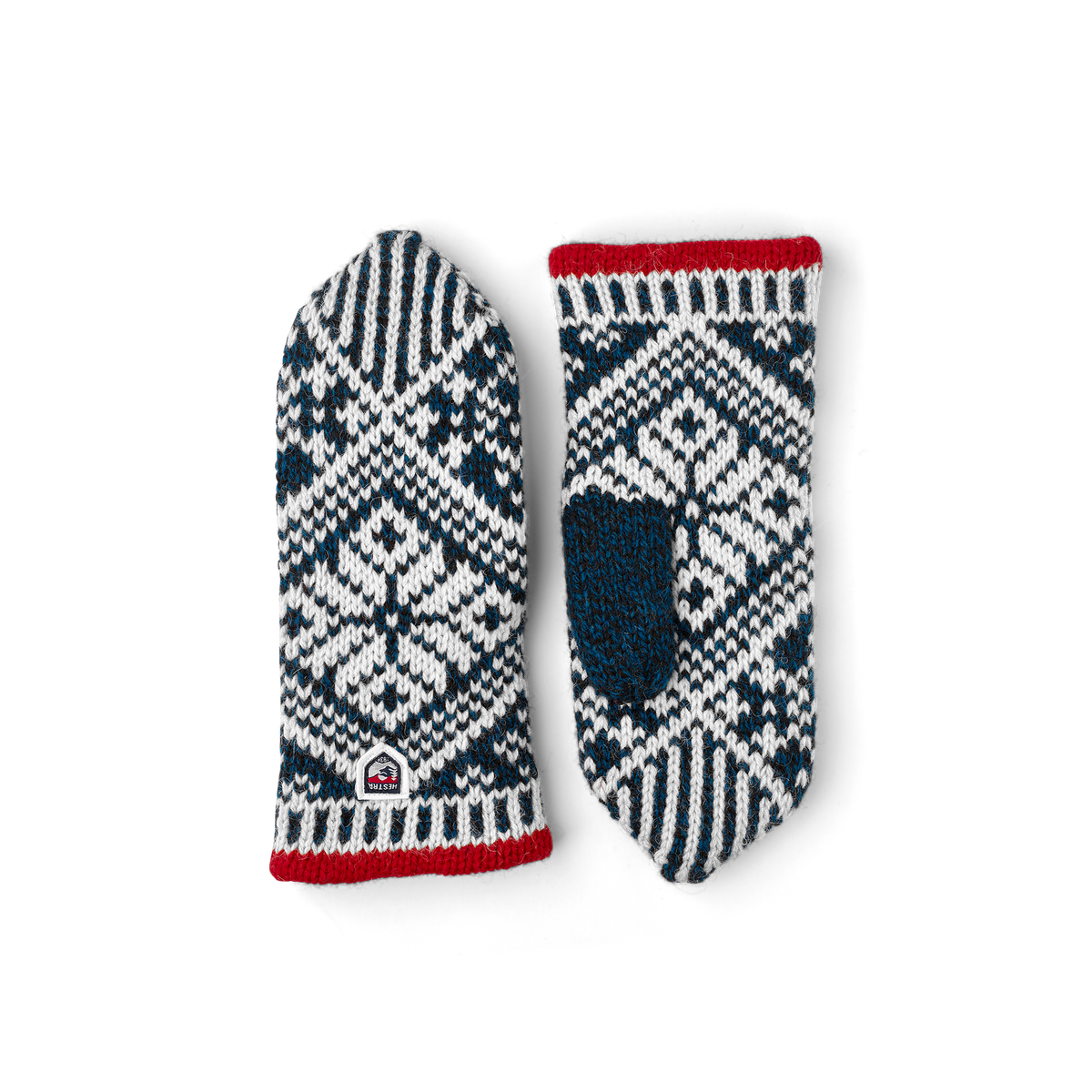 Blue and white knitted mitten in Shetland wool