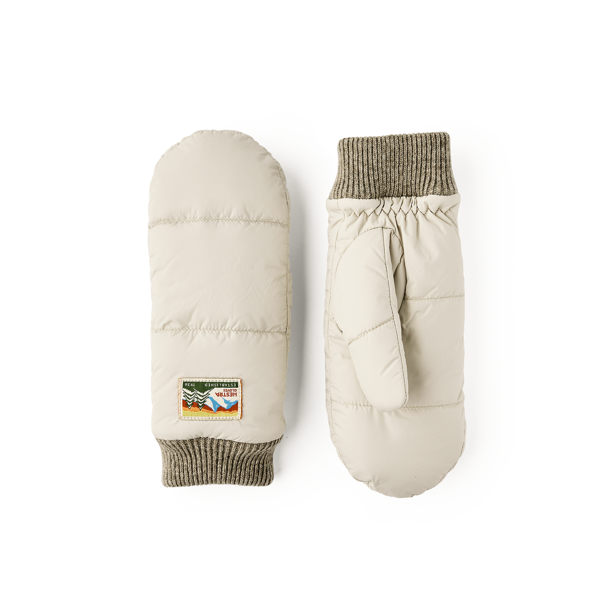 Light beige fabric mitten with light gray knitted cuff