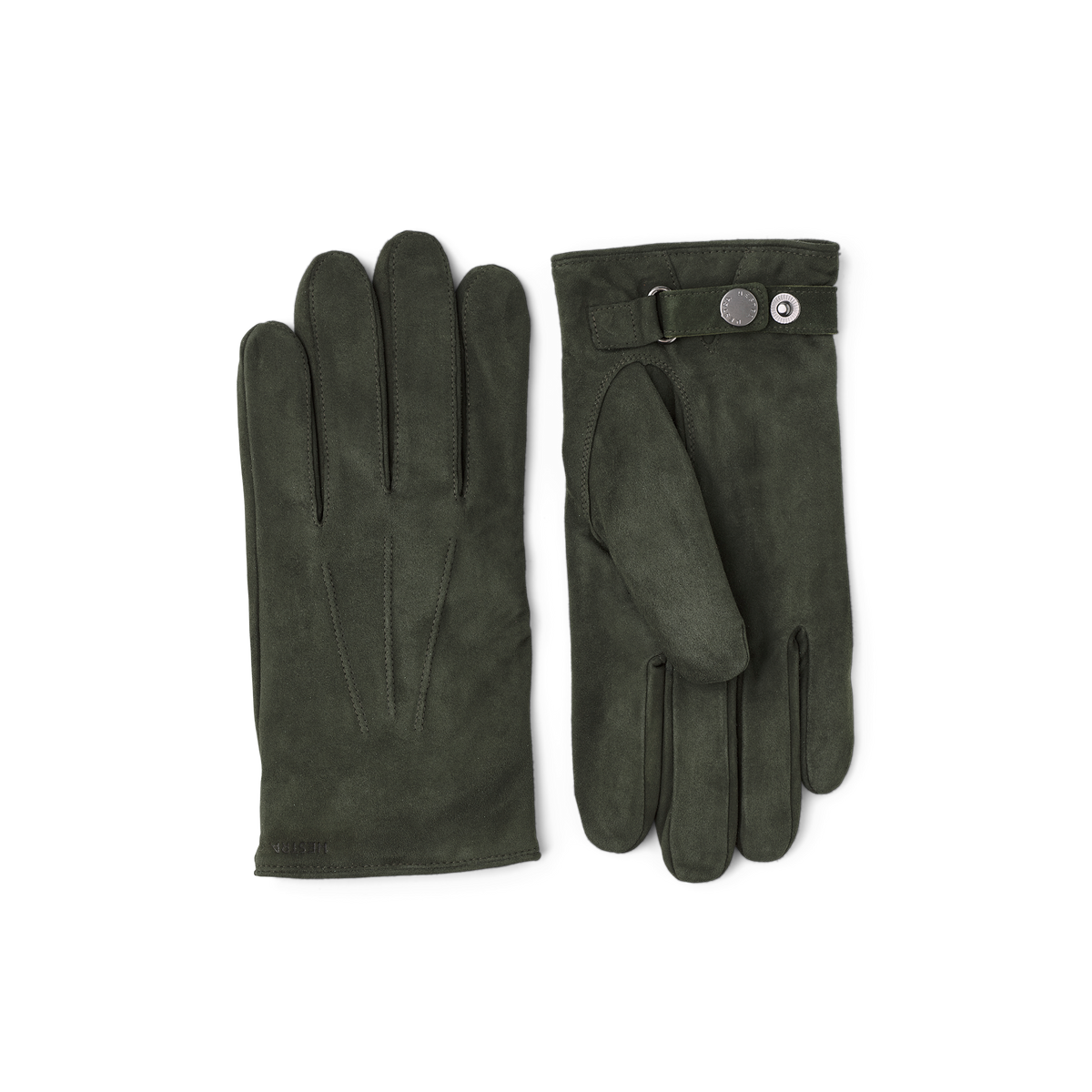 Dark green machine-sewn suede glove with leather strap and button