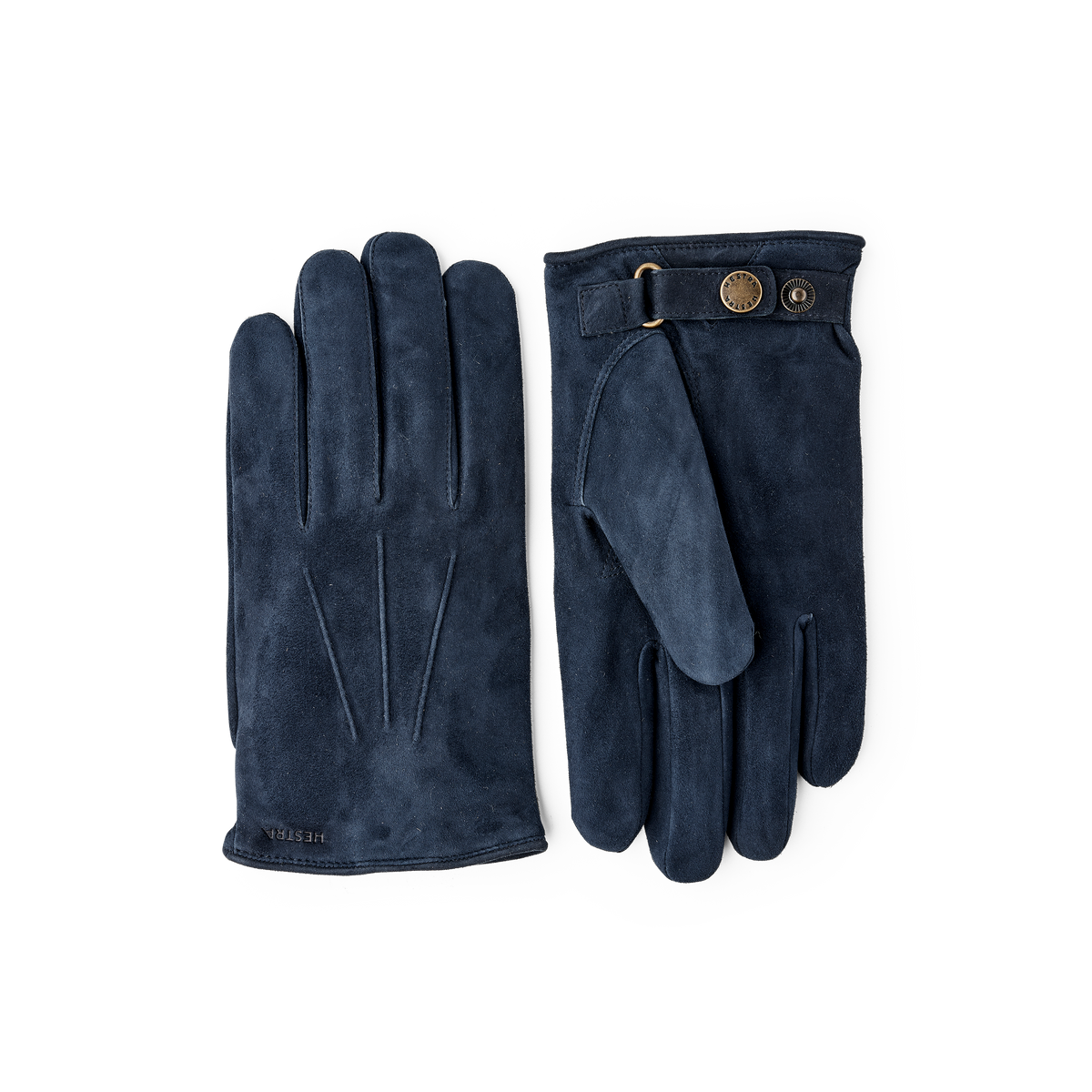 Dark blue machine-sewn suede glove with leather strap and button