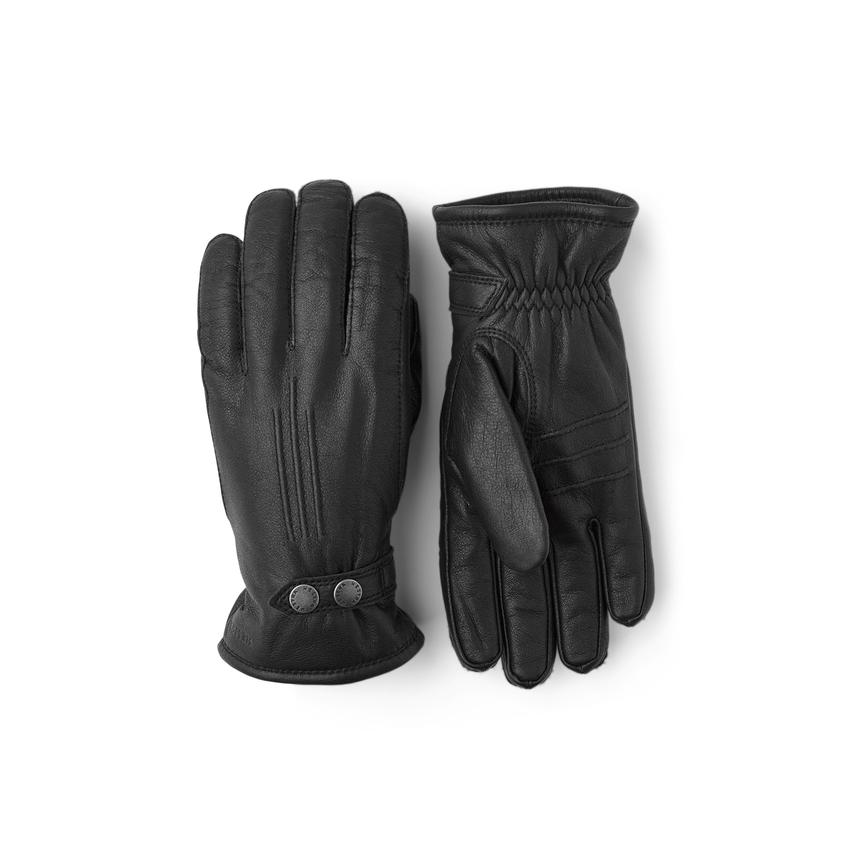 Black machine-sewn elk leather glove with leather strap and button