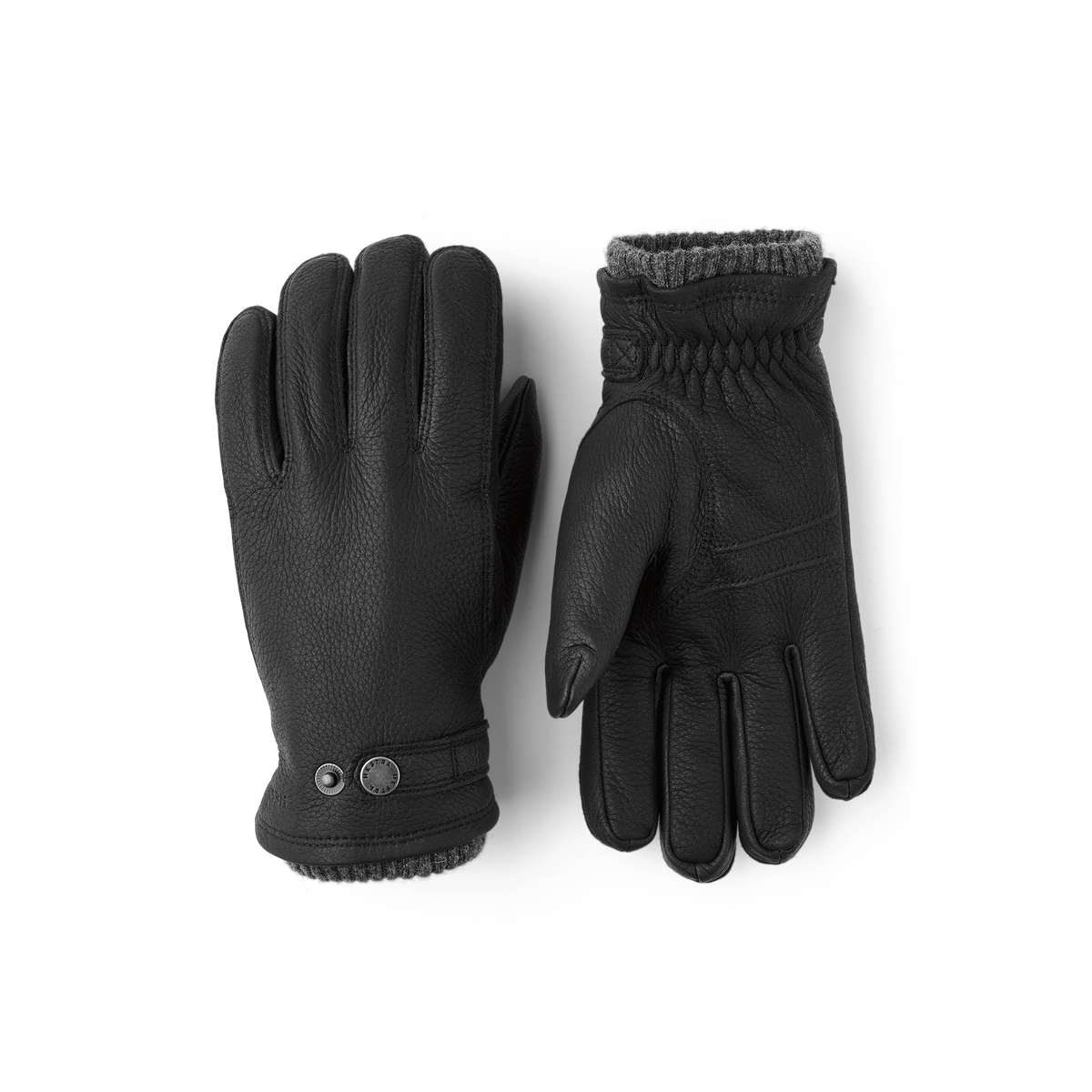 Black machine-sewn elk leather glove with leather strap and button