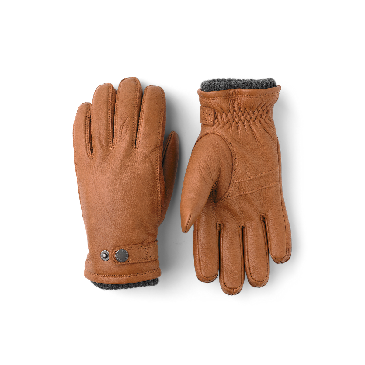 Light brown machine-sewn elk leather glove with leather strap and button