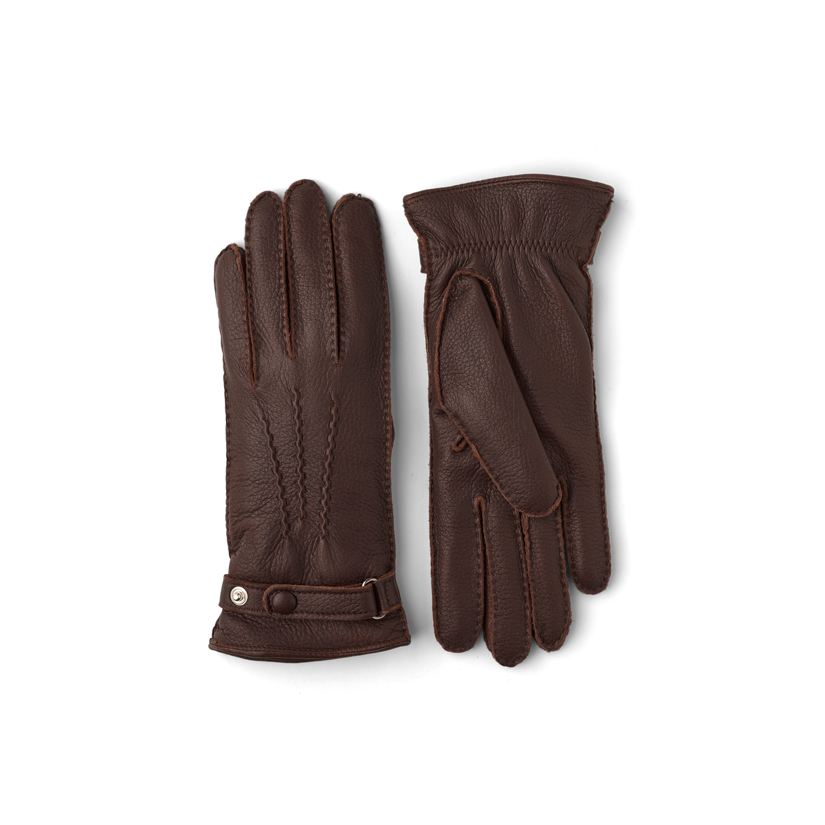 Dark brown hand-sewn elk leather glove with leather strap and button