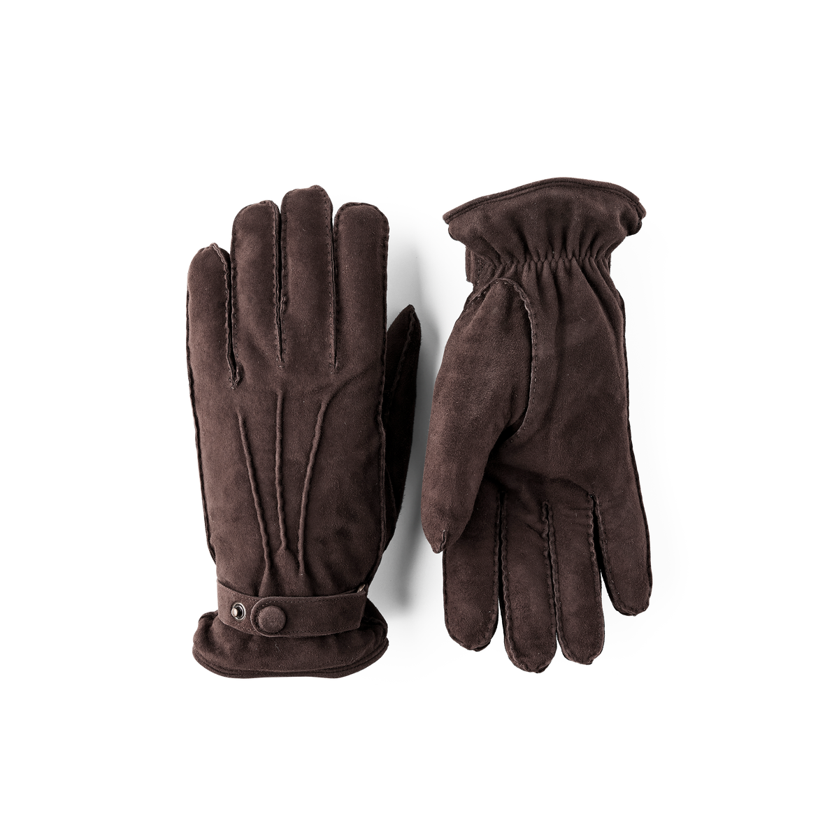 Dark brown hand-sewn suede glove with leather strap and button