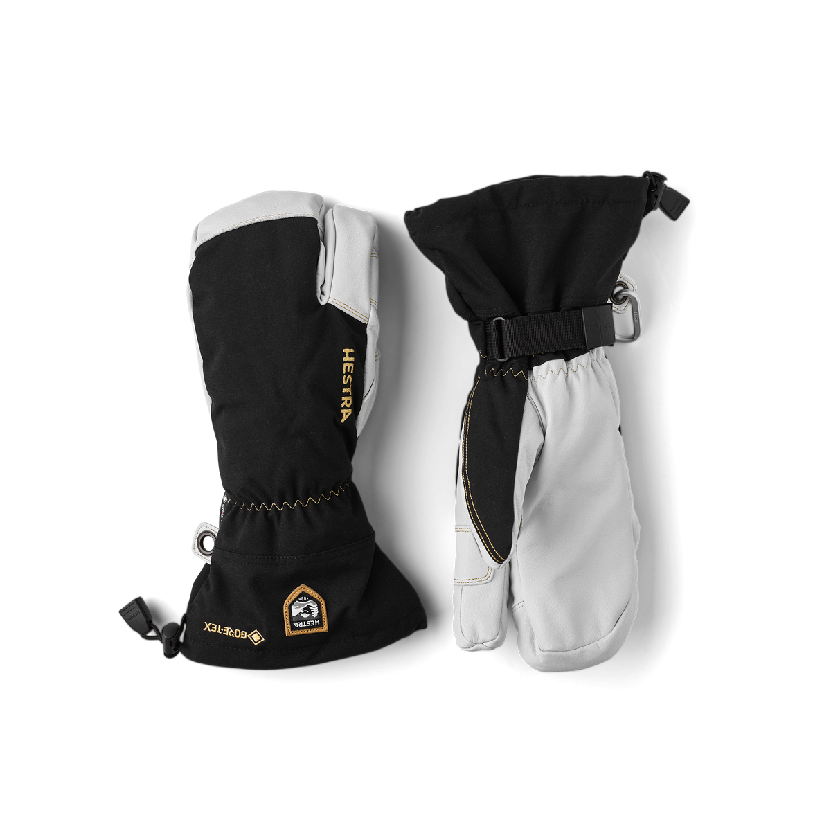 Black three finger glove with white goat leather palm and wrist adjustment