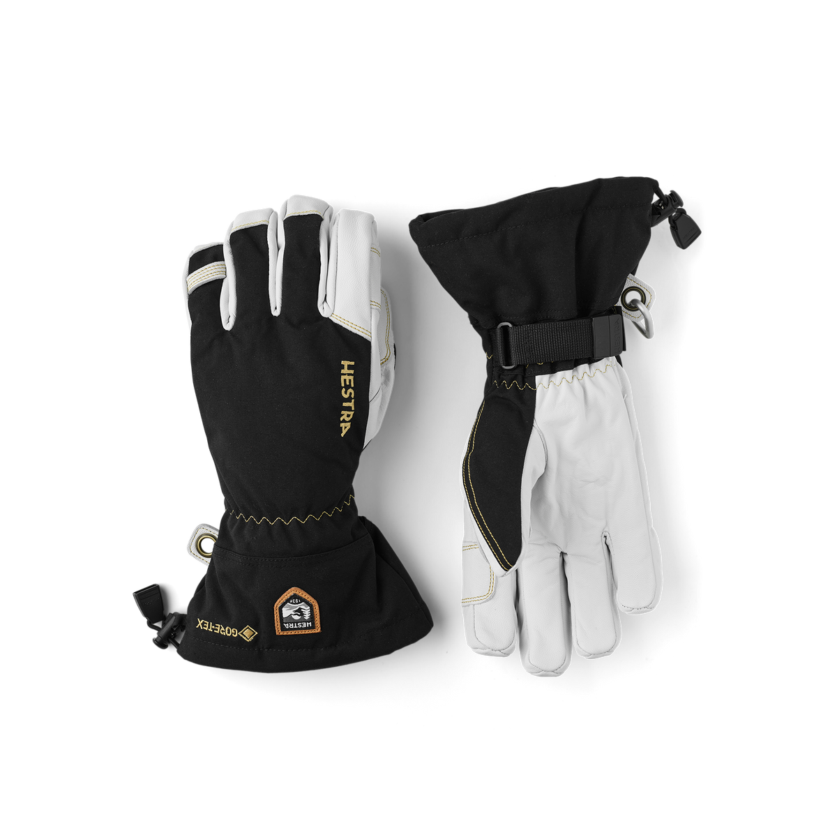Black ski glove with white goat leather palm and wrist adjustment