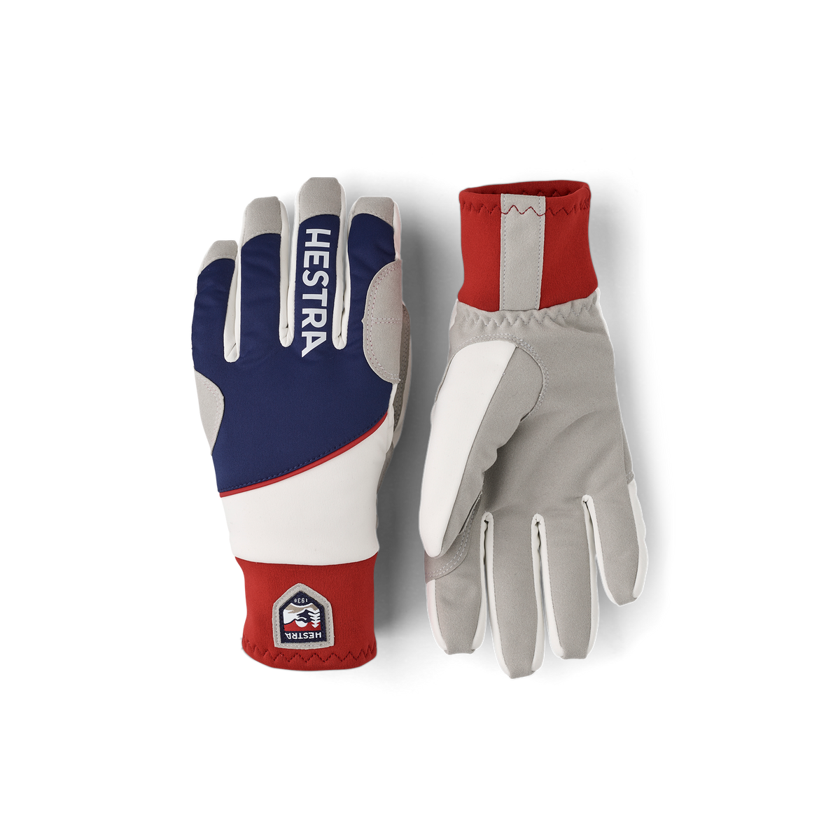 Blue and red fabric cross-country ski glove with gray synthetic suede palm