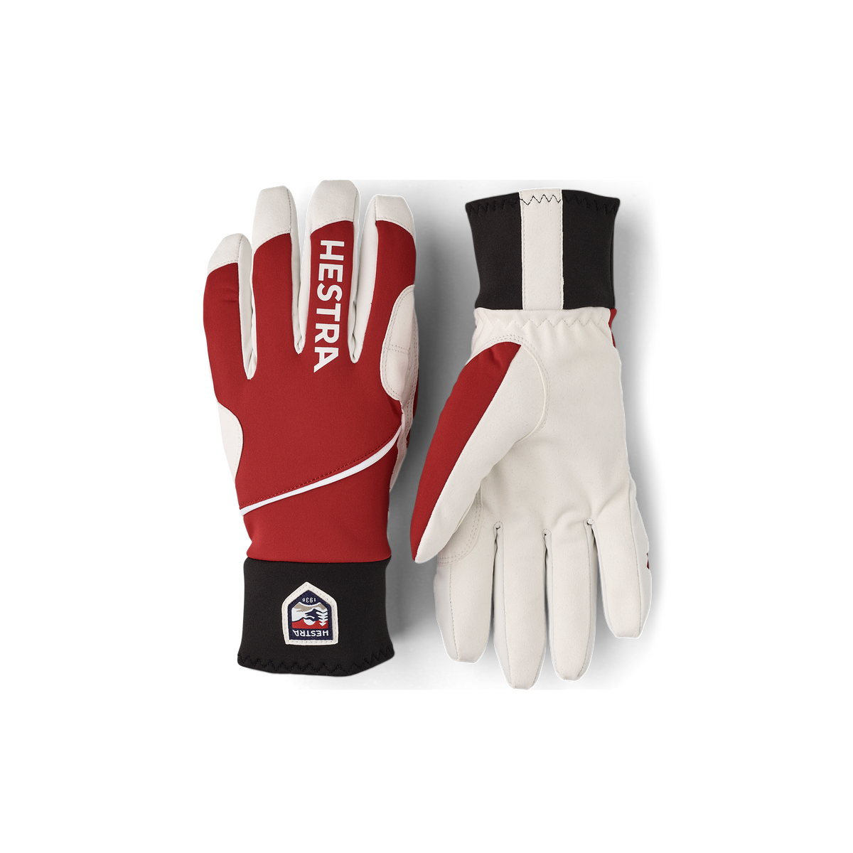 Red fabric cross-country ski glove with white synthetic suede palm