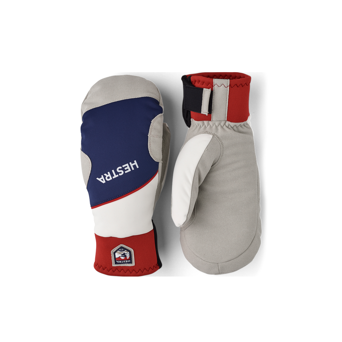 Blue and red fabric mitten with gray synthetic suede palm