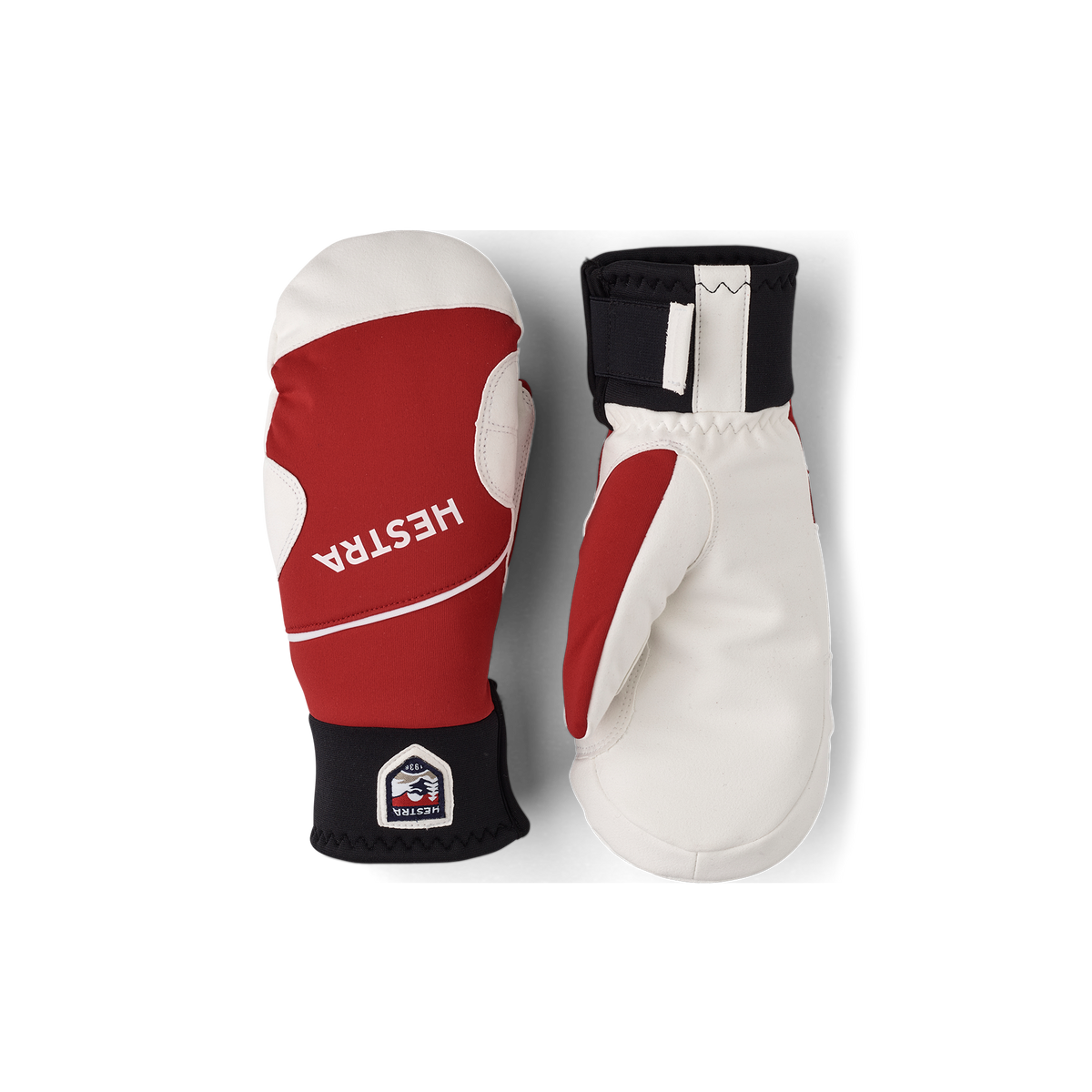Red fabric mitten with white synthetic suede palm