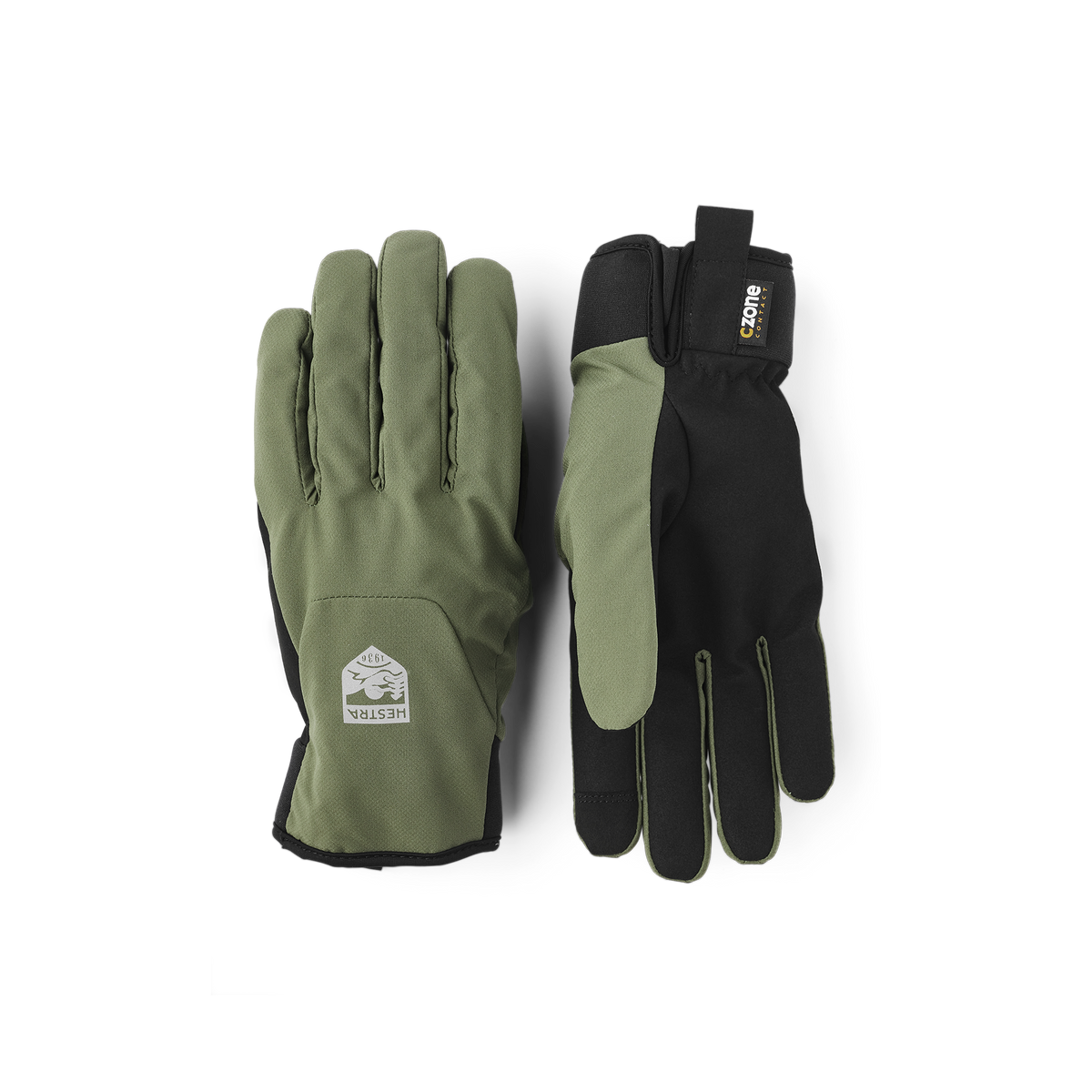 Moss green fabric cycling glove with black synthetic suede palm