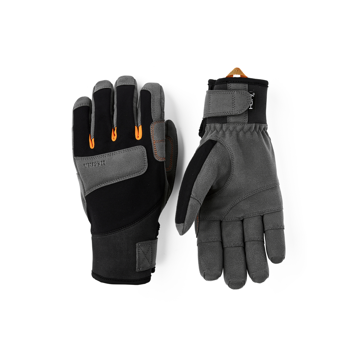 Black fabric climbing glove with dark gray synthetic suede palm