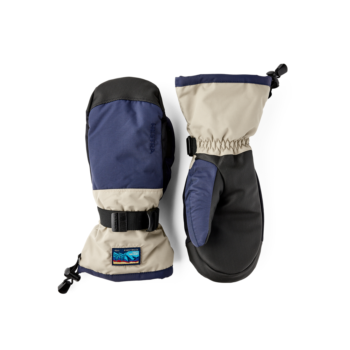 Blue and beige fabric mitten with black synthetic palm