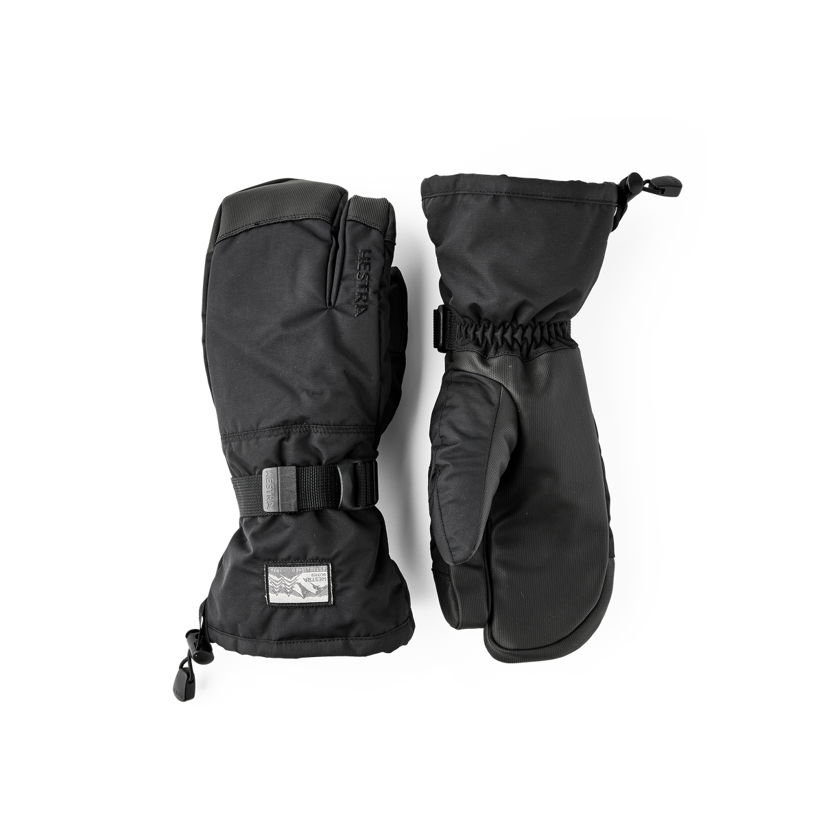 Black fabric three finger glove with synthetic palm