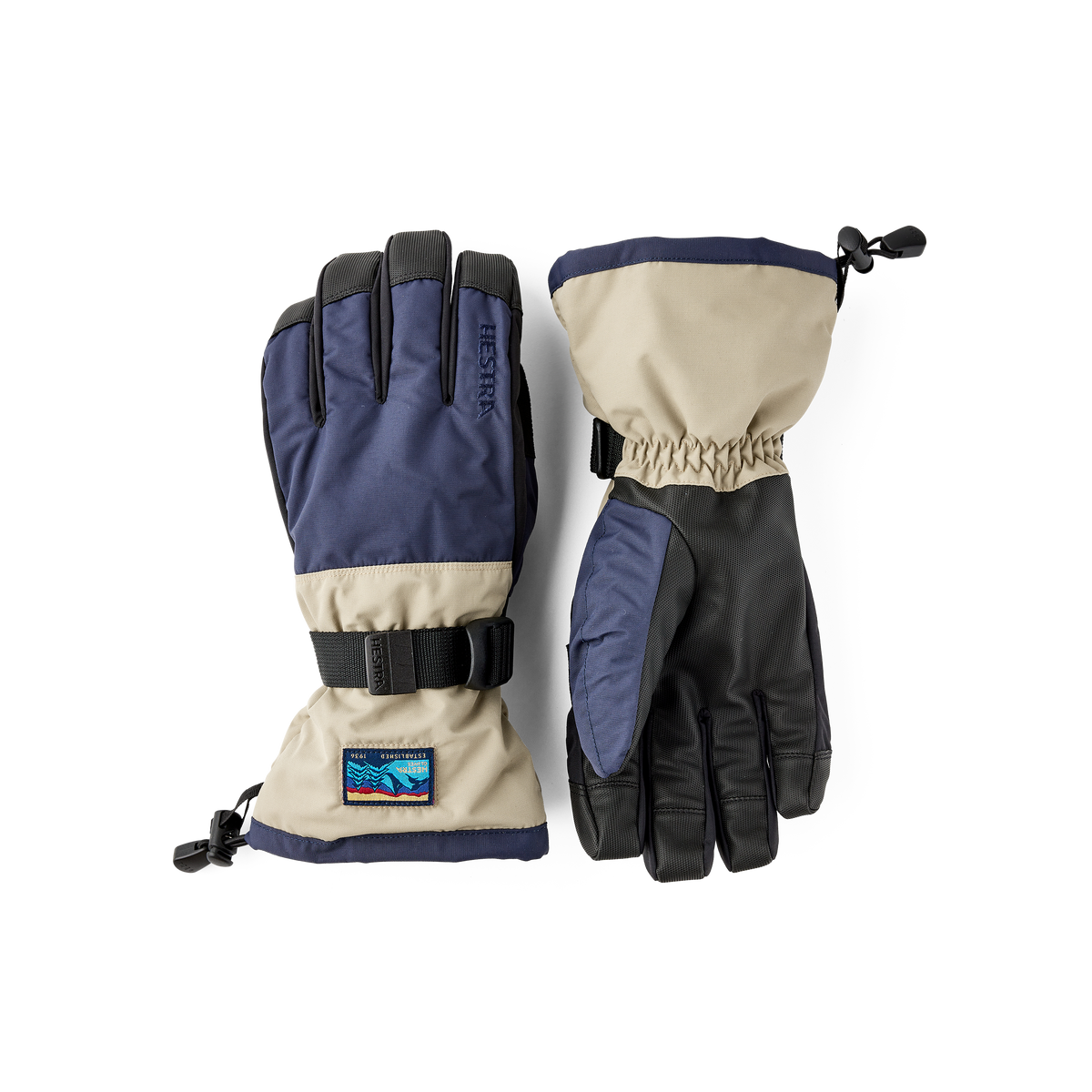 Blue and beige fabric ski glove with black synthetic palm