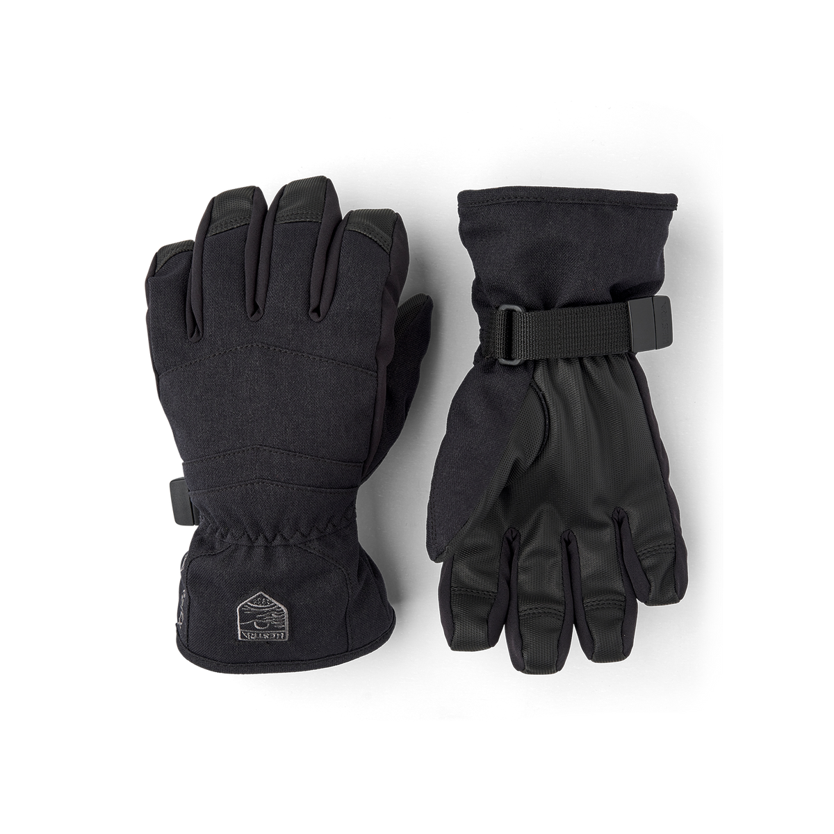 Black fabric children’s glove with black synthetic palm and wrist adjustment