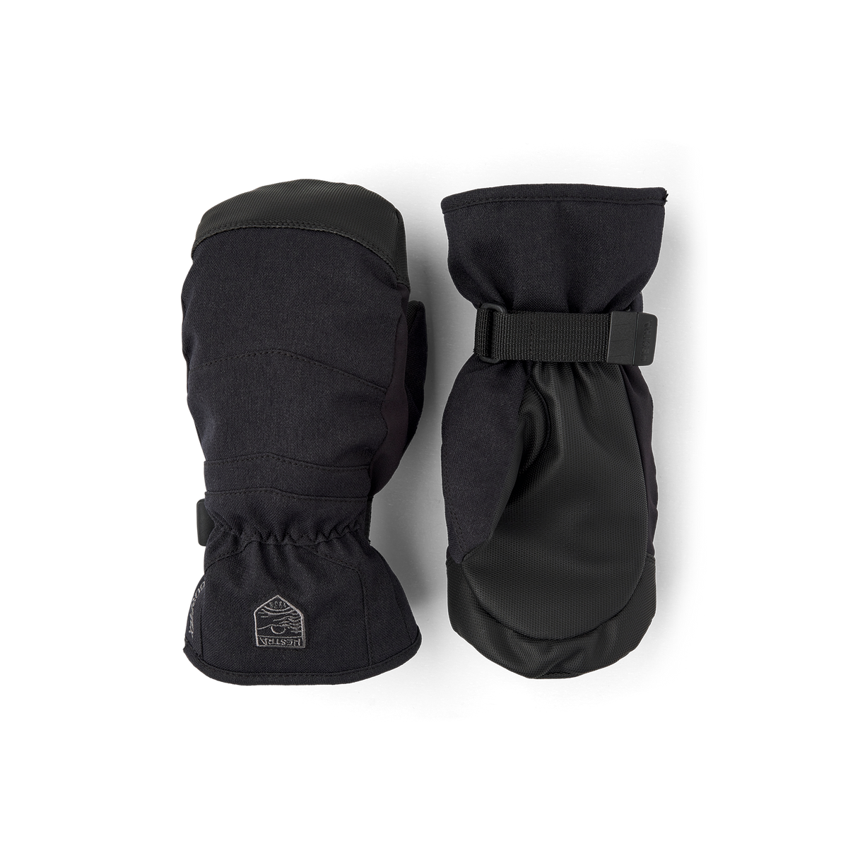 Black fabric mitten with black synthetic palm and wrist adjustment