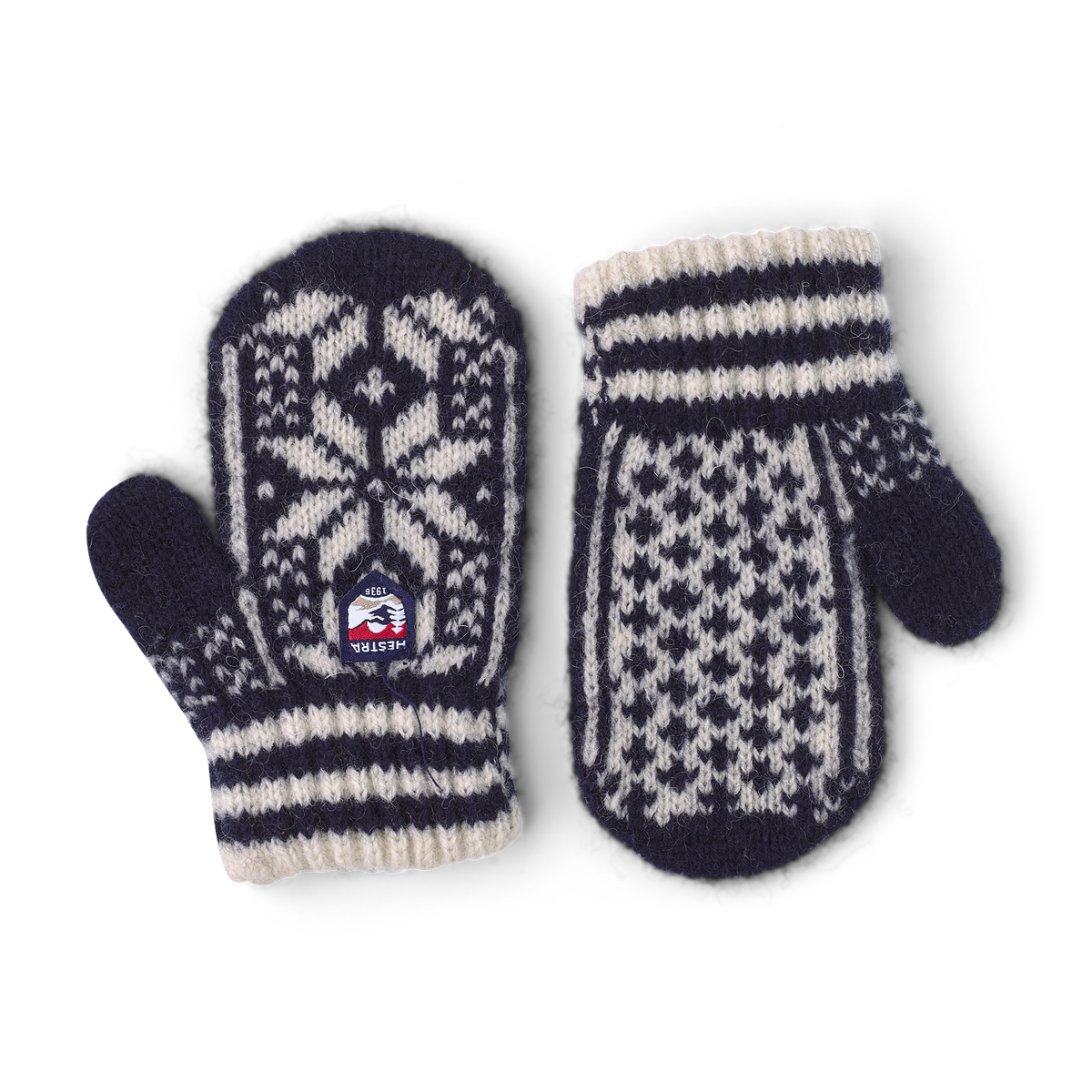 Dark blue and white knitted mitten in wool mix