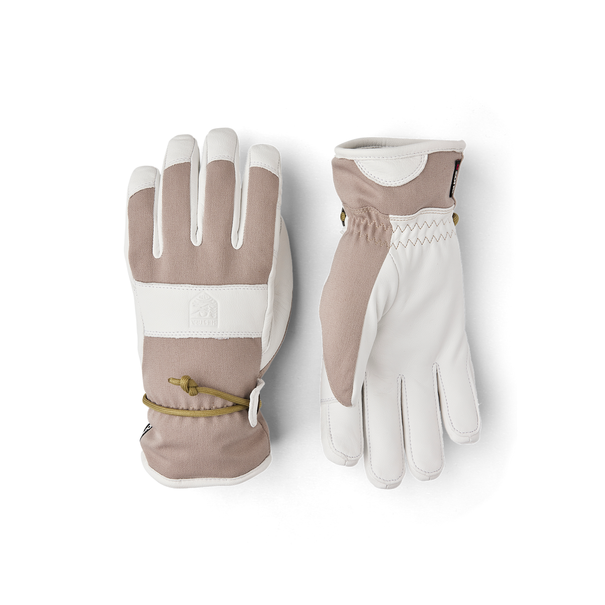 Beige ski glove with white goat leather palm and wrist strap