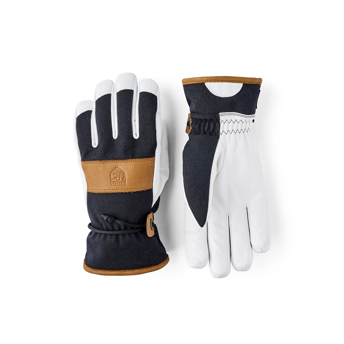 Black ski glove with white goat leather palm and wrist strap