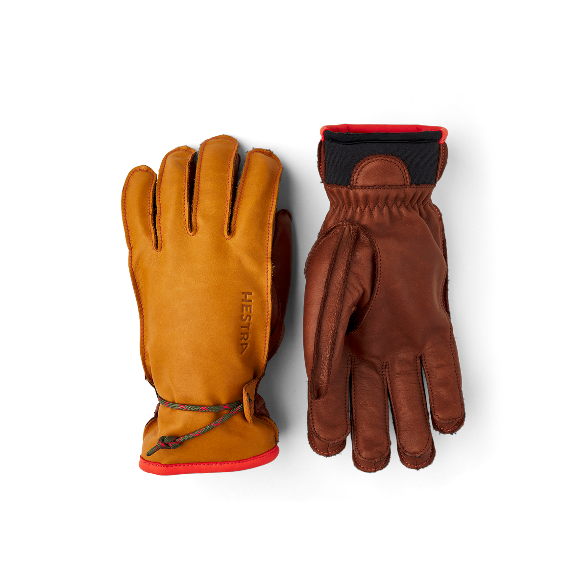 Light brown cow hide ski glove with brown palm and wrist adjustment